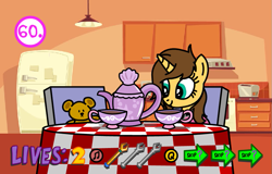 Size: 901x576 | Tagged: safe, artist:j.d. brony, oc, oc:jenny, pony, unicorn, cup, female, flash game, food, garfield, male, mare, plushie, ponified, pookie, solo, tea, teacup, teddy bear, the impossible quiz
