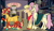 Size: 3309x1902 | Tagged: safe, artist:eonionic, applejack, fluttershy, sunset shimmer, classical unicorn, earth pony, pegasus, pony, unicorn, g4, cloven hooves, coat markings, female, glasses, horn, leonine tail, lesbian, library, mare, neckerchief, polyamory, raised hoof, shawl, ship:appleshimmer, ship:appleshy, ship:sunshyne, shipping, story included, tail, tail feathers, trio, unshorn fetlocks, winged hooves