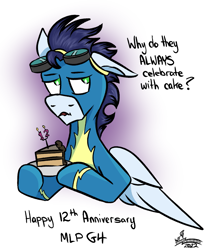 Size: 997x1169 | Tagged: safe, artist:whirlwindflux, soarin', pegasus, pony, mlp fim's twelfth anniversary, g4, cake, clothes, food, male, solo, stallion, uniform, wonderbolts uniform