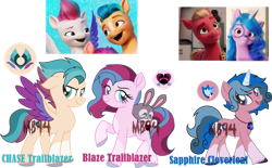Size: 1280x792 | Tagged: safe, artist:mamabird94, edit, screencap, hitch trailblazer, izzy moonbow, sprout cloverleaf, zipp storm, oc, oc:blaze trailblazer, oc:chase trailblazer, oc:sapphire cloverleaf, earth pony, pegasus, pony, rabbit, unicorn, g5, my little pony: a new generation, spoiler:my little pony: a new generation, animal, base used, colored wings, female, jewelry, male, mare, necklace, offspring, parent:hitch trailblazer, parent:izzy moonbow, parent:sprout cloverleaf, parent:zipp storm, parents:izzysprout, parents:stormblazer, screencap reference, ship:izzysprout, ship:stormblazer, shipping, simple background, stallion, straight, transparent background, watermark, wings