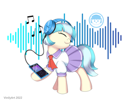 Size: 1672x1336 | Tagged: safe, artist:vinilyart, coco pommel, earth pony, pony, g4, clothes, cocobetes, cute, eyes closed, female, headphones, mare, music notes, sailor uniform, simple background, skirt, solo, uniform, white background
