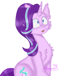 Size: 1531x1551 | Tagged: safe, artist:4agonism, starlight glimmer, pony, unicorn, g4, :o, bust, cheek fluff, chest fluff, cute, ear fluff, female, glimmerbetes, looking offscreen, mare, open mouth, shoulder fluff, simple background, sitting, solo, white background