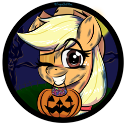 Size: 3600x3600 | Tagged: safe, artist:sugardotxtra, oc, oc only, oc:paladin ash blossom, applejack costume, candy, clothes, commission, costume, food, halloween, halloween costume, high res, holiday, pumpkin bucket, ych result