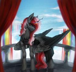 Size: 1872x1775 | Tagged: safe, artist:lynex_483, oc, oc:skyshard, alicorn, pony, alicorn oc, balcony, black dress, black fur, blue sky, clothes, cloud, curtains, day, dress, front view, horn, jewelry, outdoors, pendant, rainbow, red eyes, red hair, red mane, red tail, serious, serious face, sky, solo, tail, wings