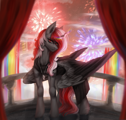 Size: 1872x1775 | Tagged: safe, artist:lynex_483, oc, oc:skyshard, alicorn, pony, alicorn oc, balcony, black dress, black fur, clothes, cloud, curtains, dress, fireworks, front view, horn, jewelry, night, outdoors, pendant, rainbow, red eyes, red hair, red mane, red sky, red tail, serious, serious face, sky, solo, tail, wings