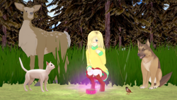 Size: 1600x900 | Tagged: safe, artist:samaster, fluttershy, bird, cat, deer, dog, human, g4, 3d, before and after, blonde hair, blushing, collar, female, hair over one eye, humanized, imminent bimboification, imminent transformation, koikatsu, magic, magic aura, natural hair color, outdoors, solo, transformation, transformation sequence