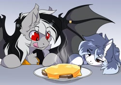 Size: 3508x2480 | Tagged: safe, artist:arctic-fox, oc, oc only, oc:ash wing, oc:stormdancer, bat pony, pony, bat pony oc, cheese, duo, food, grilled cheese, high res, licking, licking lips, sliced cheese, tongue out