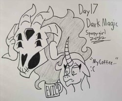 Size: 1680x1394 | Tagged: safe, artist:spoopygirl, fhtng th§ ¿nsp§kbl, oleander (tfh), demon, pony, unicorn, them's fightin' herds, :c, coffee mug, community related, floppy ears, fred, frown, lineart, mug, ponytober, ponytober 2022, signature, text, traditional art