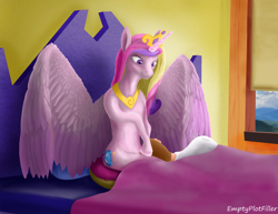 Size: 3300x2550 | Tagged: safe, artist:emptyplotfiller, princess cadance, oc, oc:cerb, alicorn, human, pony, g4, bed, crown, fanfic art, female, high res, human oc, jewelry, large wings, mare, regalia, slender, thin, train, wings