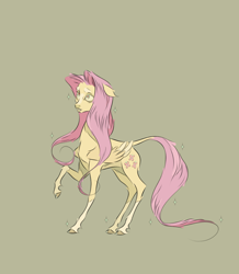 Size: 946x1086 | Tagged: safe, artist:ulinmoon, fluttershy, pegasus, pony, g4, coat markings, colored hooves, eyebrows, female, folded wings, leonine tail, long legs, mare, raised hoof, simple background, slender, solo, sparkles, tail, thin, wings