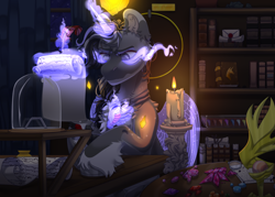 Size: 3500x2500 | Tagged: safe, artist:medkit, oc, oc only, earth pony, pony, alicorn amulet, book, book of harmony, bookshelf, candle, crystal, curtains, element of generosity, element of honesty, element of kindness, element of laughter, element of loyalty, element of magic, elements of harmony, eyes open, feather, fire, high res, idol of boreas, inkwell, letter, magic, magical artifact, male, night, paint tool sai 2, partially open wings, quill, ring of destiny, scroll, speedpaint, stallion, unshorn fetlocks, wings