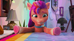 Size: 1273x716 | Tagged: safe, screencap, argyle starshine, sunny starscout, earth pony, pony, g5, hoof done it?, my little pony: make your mark, my little pony: make your mark chapter 2, spoiler:my little pony: make your mark chapter 2, spoiler:mymc02e07, animated, bed, cute, easel, female, floppy ears, heart, hoof heart, i watch it for the ears, lamp, mane stripe sunny, mare, picture frame, sad, sadorable, sigh, sunnybetes, underhoof, upside-down hoof heart