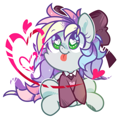 Size: 899x883 | Tagged: safe, artist:yokokinawa, oc, oc only, oc:blazey sketch, pegasus, pony, :p, bow, chibi, clothes, grey fur, hair bow, heart, heart eyes, multicolored hair, simple background, sitting, small wings, solo, sweater, tongue out, white background, wingding eyes, wings