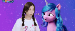 Size: 498x210 | Tagged: safe, izzy moonbow, human, pony, unicorn, g5, my little pony: a new generation, spoiler:my little pony: a new generation, animated, china, chinese, female, gif, irl, irl human, mare, photo, translated in the comments, voice actor