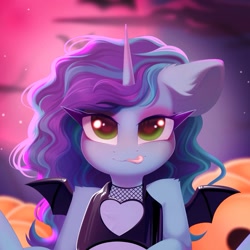 Size: 1445x1445 | Tagged: safe, artist:kebchach, misty brightdawn, pony, unicorn, g5, clothes, costume, cropped, fake wings, halloween, halloween costume, heart, heart eyes, licking, licking lips, looking at you, seductive, solo, tongue out, wingding eyes