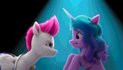 Size: 1344x762 | Tagged: safe, screencap, izzy moonbow, zipp storm, pegasus, pony, unicorn, g5, hoof done it?, my little pony: make your mark, my little pony: make your mark chapter 2, spoiler:my little pony: make your mark chapter 2, spoiler:mymc02e07, animated, bathroom, blink twice if you feel you're in danger, blinking, crystal brighthouse, eye contact, female, floppy ears, fluffy, frown, glare, indoors, looking at each other, looking at someone, mare, out of context, shipping fuel, walldong