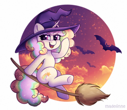 Size: 2400x2084 | Tagged: safe, artist:madelinne, oc, oc only, bat, pony, unicorn, broom, commission, flying, flying broomstick, halloween, hat, high res, holiday, male, night, simple background, solo, stallion, white background, witch, witch hat, ych result