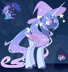 Size: 1280x1352 | Tagged: safe, artist:emperor-anri, princess luna, trixie, oc, alicorn, bat pony, bat pony alicorn, pony, unicorn, g4, bat wings, blue background, cape, clothes, coat markings, colored eyelashes, colored horn, colored wings, ethereal mane, ethereal tail, eyeshadow, female, folded wings, frown, gradient mane, gradient tail, hat, hoof polish, hoof shoes, horn, jewelry, magical lesbian spawn, makeup, mare, multicolored wings, offspring, parent:princess luna, parent:trixie, peytral, pink eyes, ponytail, simple background, slit pupils, socks (coat markings), spread wings, standing, tail, tiara, trixie's cape, trixie's hat, unamused, watermark, wings, witch hat, zoom layer