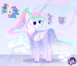 Size: 1280x1087 | Tagged: safe, artist:emperor-anri, princess celestia, trixie, oc, alicorn, pony, unicorn, g4, alicorn oc, eyelashes, female, hoof polish, horn, looking back, magical lesbian spawn, mare, offspring, parent:princess celestia, parent:trixie, smiling, wings, zoom layer