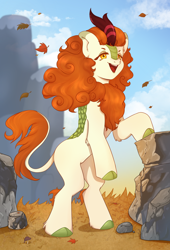 Size: 2642x3890 | Tagged: safe, artist:_ellashi_, autumn blaze, kirin, g4, aesthetics, cloven hooves, cute, female, grass, high res, leaf, mountain, open mouth, smiling, solo, standing on two hooves