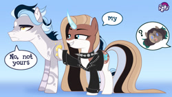 Size: 1280x729 | Tagged: safe, artist:emperor-anri, oc, oc only, pony, unicorn, choker, dialogue, female, grin, horn, male, mare, smiling, spiked choker, stallion, unamused, unicorn oc