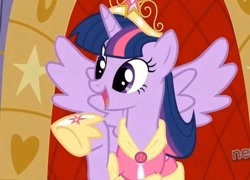Size: 735x530 | Tagged: safe, screencap, twilight sparkle, alicorn, pony, g4, magical mystery cure, big crown thingy, clothes, coronation dress, dress, element of magic, jewelry, regalia, twilight sparkle (alicorn)