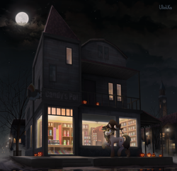 Size: 5000x4840 | Tagged: safe, artist:uliovka, oc, oc only, oc:candy pot, pony, unicorn, absurd resolution, candy, clock tower, female, food, halloween, hat, holiday, jack-o-lantern, mare, night, pumpkin, scenery, shop, solo, witch hat