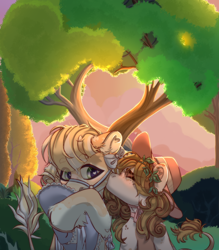 Size: 3500x4000 | Tagged: safe, artist:medkit, oc, oc only, cow, earth pony, pony, blushing, bridle, bush, cloud, duo, female, hat, heart, high res, love, male, paint tool sai 2, pair, sketch, sky, smooch, stallion, sunset, tree