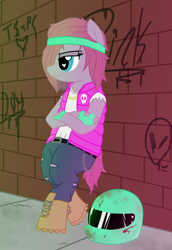 Size: 1476x2140 | Tagged: safe, artist:legendoflink, pinkie pie, earth pony, pony, g4, biker, bipedal, bipedal leaning, blood, clothes, crossed arms, female, fingerless gloves, gloves, graffiti, hair covering face, helmet, hotline miami, leaning, mare, one eye covered, pinkamena diane pie, pinktober, solo, sweatband, vest