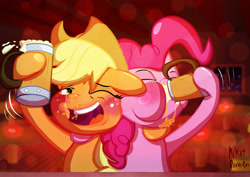 Size: 1754x1240 | Tagged: safe, artist:ace play, applejack, pinkie pie, earth pony, pony, g4, blushing, bubble, cider, drinking, drunk, drunk aj, duo, foam, messy drinking, mug, open mouth, stein
