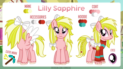 Size: 1200x676 | Tagged: safe, artist:jennieoo, oc, oc:lilly sapphire, pegasus, pony, bow, freckles, hair bow, happy, looking at you, reference, reference sheet, show accurate, simple background, smiling, smiling at you, solo, spread wings, vector, wings