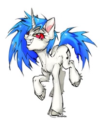 Size: 1111x1349 | Tagged: safe, artist:rozmed, dj pon-3, vinyl scratch, pony, unicorn, g4, female, hooves, looking at you, mare, missing accessory, pose, red eyes, simple background, skinny, smiling, solo, teeth, thin, unshorn fetlocks, white background