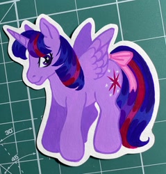 Size: 1960x2048 | Tagged: safe, artist:rozmed, twilight sparkle, alicorn, pony, g1, g4, bow, female, g4 to g1, generation leap, gouache, irl, looking at you, mare, painting, photo, smiling, solo, spread wings, standing, tail, tail bow, traditional art, twilight sparkle (alicorn), wings