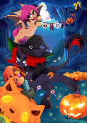 Size: 1000x1414 | Tagged: safe, artist:xsatanielx, oc, oc only, bat pony, pony, unicorn, candy, female, food, forest, forest background, halloween, hat, holiday, jack-o-lantern, leonine tail, mouth hold, pumpkin, pumpkin bucket, tail, witch hat