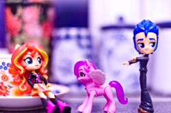 Size: 4276x2836 | Tagged: safe, artist:artofmagicpoland, flash sentry, pipp petals, sunset shimmer, human, pegasus, pony, mlp fim's twelfth anniversary, equestria girls, g4, g5, doll, dreamscape, equestria girls minis, eqventures of the minis, hide your waifus, looking at you, photo, toy