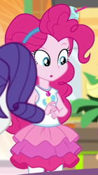 Size: 500x892 | Tagged: safe, screencap, applejack, pinkie pie, rarity, human, equestria girls, equestria girls specials, g4, my little pony equestria girls: better together, my little pony equestria girls: rollercoaster of friendship, :o, clothes, cropped, cup in hair, cutie mark on clothes, geode of sugar bombs, hairband, jewelry, leggings, magical geodes, necklace, offscreen character, offscreen human, open mouth, rah rah skirt, skirt, sleeveless, tank top