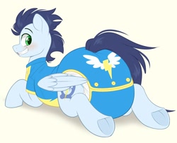 Size: 2000x1616 | Tagged: safe, artist:shuphle, soarin', pegasus, pony, g4, blushing, clothes, diaper, diaper fetish, fetish, frog (hoof), grin, looking back, lying down, non-baby in diaper, onesie, poofy diaper, prone, smiling, solo, sploot, tail, tail hole, underhoof, uniform, wonderbolts, wonderbolts uniform