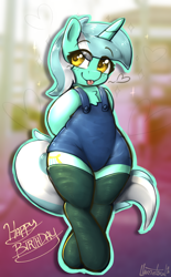 Size: 2192x3544 | Tagged: safe, artist:llametsul, lyra heartstrings, pony, unicorn, g4, :p, bipedal, blurry background, blushing, chest fluff, clothes, colored sketch, cute, happy birthday, heart, high res, lyrabetes, sketch, solo, stockings, suspenders, thigh highs, tongue out