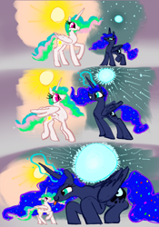Size: 3392x4842 | Tagged: safe, alternate version, artist:ja0822ck, princess celestia, princess luna, alicorn, pony, g4, :p, grin, growth, looking at each other, looking at someone, moon, nervous, nervous smile, raspberry, royal sisters, siblings, sisters, size difference, slender, smiling, sun, thin, tongue out