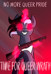 Size: 1000x1464 | Tagged: safe, artist:moonatik, oc, oc only, oc:sol nightshade, pony, unicorn, clothes, glowing, glowing eyes, gun, horn, imminent violence, magic, male, pride, pride flag, pride ponies, raised hoof, shotgun, sketch, solo, stallion, tank top, transgender pride flag, unicorn oc, weapon, wrath