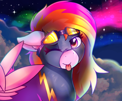 Size: 4096x3400 | Tagged: safe, artist:legionsunite, oc, oc:velvet volt, pegasus, pony, ;p, aurora borealis, bodysuit, clothes, costume, female, looking at you, mare, night, one eye closed, peace sign, shadowbolts, shadowbolts costume, tongue out, wings, wink