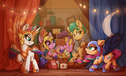 Size: 2383x1450 | Tagged: safe, artist:zeepheru_pone, daybreaker, hitch trailblazer, izzy moonbow, nightmare moon, pipp petals, sunny starscout, twilight sparkle, zipp storm, earth pony, pegasus, pony, unicorn, mlp fim's twelfth anniversary, g4, g5, adorazipp, angry, armor, athena sparkle, cellphone, cheek fluff, chips, cloak, clothes, colored eyebrows, colored wings, cosplay, costume, couch, curtains, cute, ear fluff, eating, fake horn, fake wings, fangs, female, first aid kit, food, frown, gem, grinded pony hooves, halloween, helmet, holiday, hoof shoes, horn, light, looking at someone, lying down, male, mane five, mare, multicolored wings, night, nightmare moon armor, nightmare night, nightmare night costume, nightmare sunny, peytral, phone, pillow, pipp is short, raised hoof, sitting, smartphone, smiling, smoothie, spread wings, stallion, standing, sunny's house, sunnybetes, tail, unshorn fetlocks, wing armor, wing brace, wings, wooden floor
