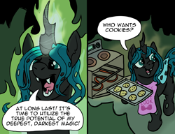 Size: 3492x2676 | Tagged: safe, artist:doodledonutart, queen chrysalis, changeling, changeling queen, g4, 2 panel comic, apron, bait and switch, baking, baking sheet, clothes, comic, cookie, cute, cutealis, dark magic, dialogue, fangs, female, food, gloating, high res, kiss the cook, magic, magic aura, open mouth, open smile, oven, ponytober, smiling, solo, speech bubble