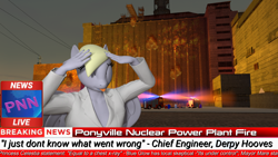 Size: 1920x1080 | Tagged: safe, artist:fuzeamateursfm, derpy hooves, pegasus, anthro, g4, 3d, ah eto bleh, among us, anime reference, blatant lies, chernobyl, eyes closed, fire, fire engine, i just don't know what went wrong, implied mayor mare, implied princess celestia, meme, news, news report, solo, source filmmaker, this will end in radiation poisoning, we are going to hell, you're under arrest