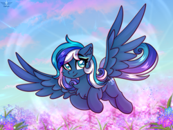 Size: 2500x1875 | Tagged: safe, artist:stormcloud, oc, oc only, oc:flaming dune, pegasus, pony, beautiful, chest fluff, cloud, commission, curly hair, cute, eye clipping through hair, eyebrows, eyebrows visible through hair, eyeshadow, female, flower, flower field, flowing tail, flying, full body, grass, green eyes, heart, heart eyes, looking at you, makeup, mare, multicolored mane, multicolored tail, pegasus oc, scenery, sky, sky background, smiling, smiling at you, solo, spread wings, tail, wingding eyes, wings