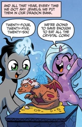 Size: 732x1132 | Tagged: safe, artist:brendahickey, idw, official comic, king sombra, radiant hope, crystal pony, pony, fiendship is magic, g4, spoiler:comic, colt, cute, dialogue, dragon bank, duo, female, filly, foal, gem, hnnng, magic, male, piggy bank, sombradorable, younger