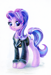 Size: 818x1200 | Tagged: safe, artist:maytee, starlight glimmer, pony, unicorn, g4, clothes, colored pencil drawing, jacket, simple background, solo, traditional art, white background