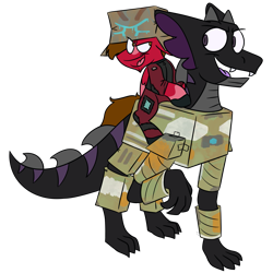 Size: 1725x1725 | Tagged: safe, artist:grandfinaleart, oc, oc only, oc:coal, oc:grand finale, dragon, pegasus, pony, box, brown eyes, brown hair, brown mane, brown tail, cardboard box, clothes, costume, digital art, dragon oc, duo, duo male, facial hair, folded wings, goatee, looking at you, male, non-pony oc, pegasus oc, raised eyebrow, raised leg, red fur, simple background, sitting, smiling, smiling at you, stallion, stallion oc, tail, titanfall, transparent background, wings
