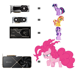Size: 2932x2735 | Tagged: safe, pinkie pie, starlight glimmer, sunset shimmer, twilight sparkle, alicorn, earth pony, pony, unicorn, g4, bell, female, graphics card, grogar's bell, high res, mare, nvidia, simple background, twilight sparkle (alicorn), white background