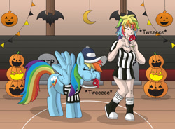 Size: 1042x767 | Tagged: safe, artist:gameboysage, rainbow dash, bat, human, pegasus, pony, g4, blowing whistle, breasts, clothes, coach rainbow dash, coaching cap, converse, costume, crush crush, cute, eyes closed, female, gravestone, halloween, halloween costume, holiday, human that look like rainbow dash, humanized, iro, jack-o-lantern, lipstick, makeup, mare, mouth hold, nail polish, nightmare night, puffy cheeks, pumpkin, rainblow dash, rainbow dashs coaching whistle, referee, referee rainbow dash, self paradox, self ponidox, shoes, spread wings, that pony sure does love whistles, whistle, whistle necklace, wings